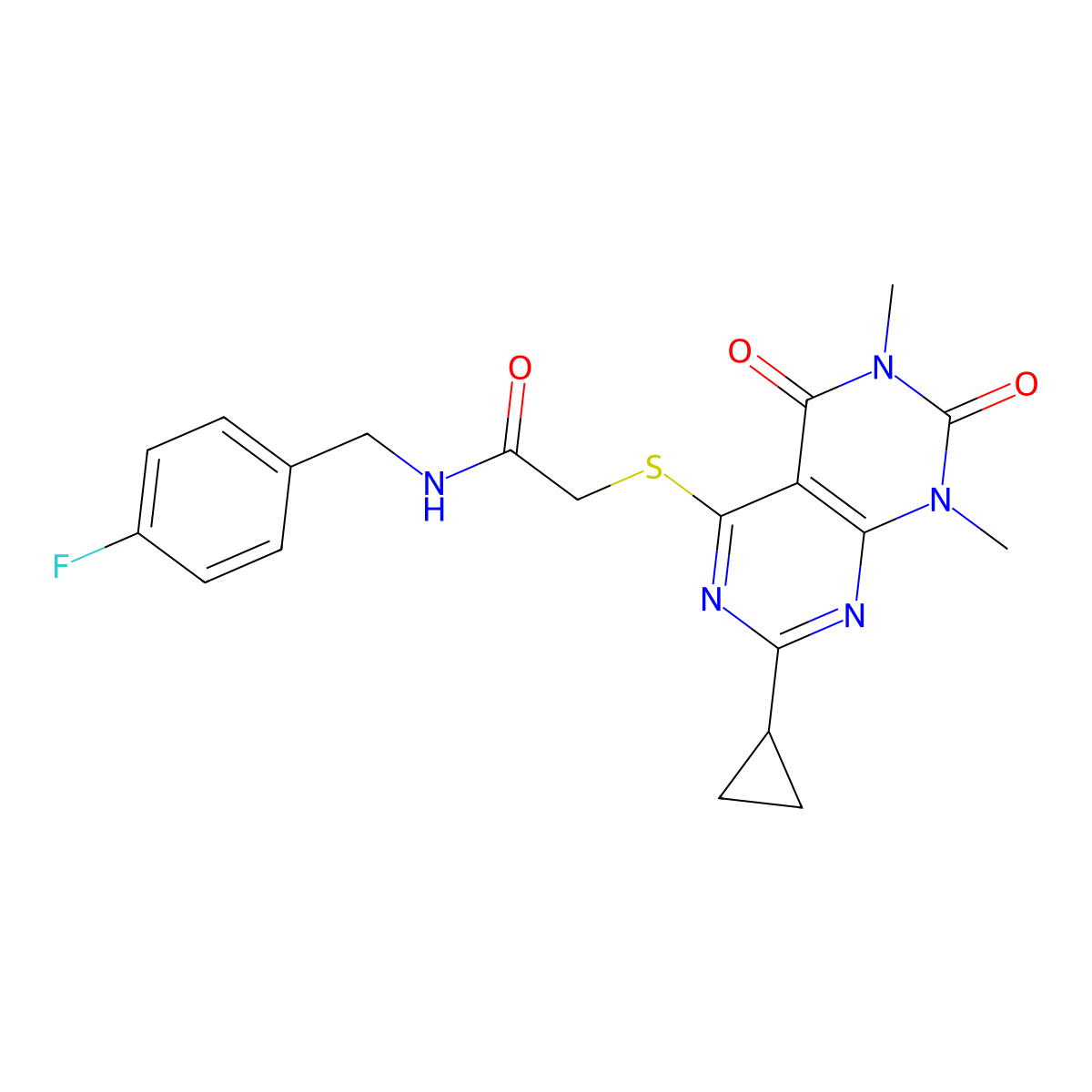 2-((2-cyclopropyl-6,8-dimethyl-5,7-dioxo-5,6,7,8-tetrahydropyrimido[4,5-d]pyrimidin-4-yl)thio)-N-(4-fluorobenzyl)acetamide molecular structure, CAS 863003-09-2