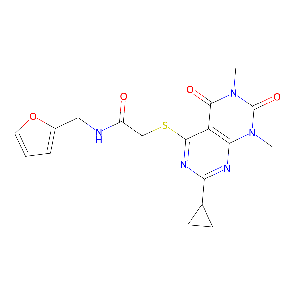 2-(7-cyclopropyl-1,3-dimethyl-2,4-dioxopyrimido[4,5-d]pyrimidin-5-yl)sulfanyl-N-(furan-2-ylmethyl)acetamide molecular structure, CAS 863003-11-6