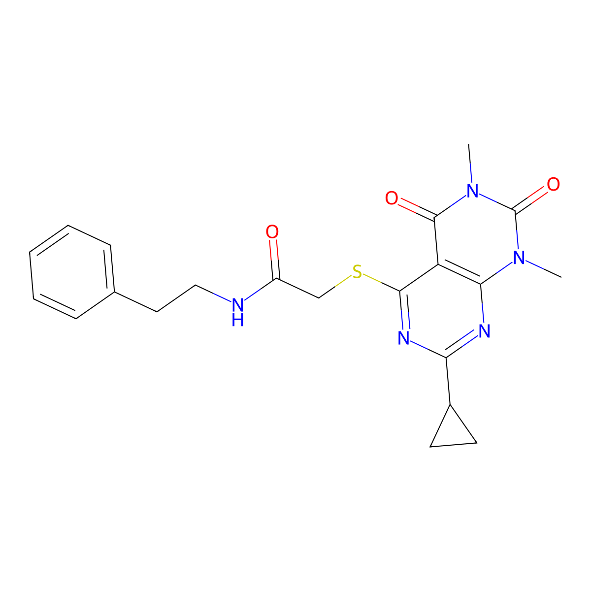 2-((2-cyclopropyl-6,8-dimethyl-5,7-dioxo-5,6,7,8-tetrahydropyrimido[4,5-d]pyrimidin-4-yl)thio)-N-phenethylacetamide molecular structure, CAS 863003-12-7