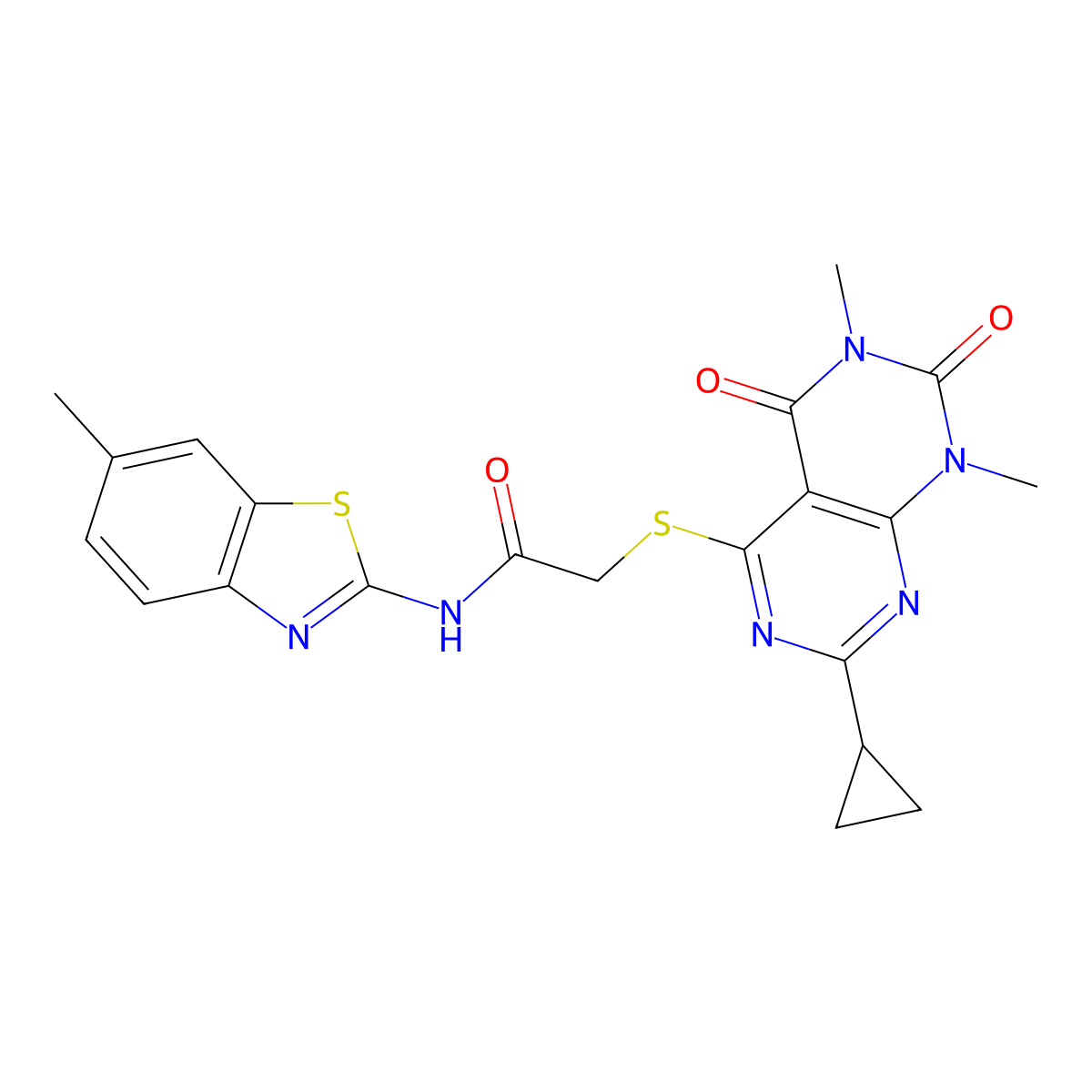 2-((2-cyclopropyl-6,8-dimethyl-5,7-dioxo-5,6,7,8-tetrahydropyrimido[4,5-d]pyrimidin-4-yl)thio)-N-(6-methylbenzo[d]thiazol-2-yl)acetamide molecular structure, CAS 863003-14-9