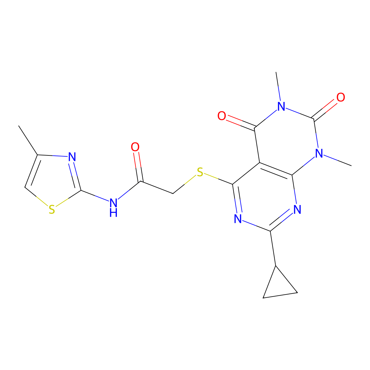 2-((2-cyclopropyl-6,8-dimethyl-5,7-dioxo-5,6,7,8-tetrahydropyrimido[4,5-d]pyrimidin-4-yl)thio)-N-(4-methylthiazol-2-yl)acetamide molecular structure, CAS 863003-15-0