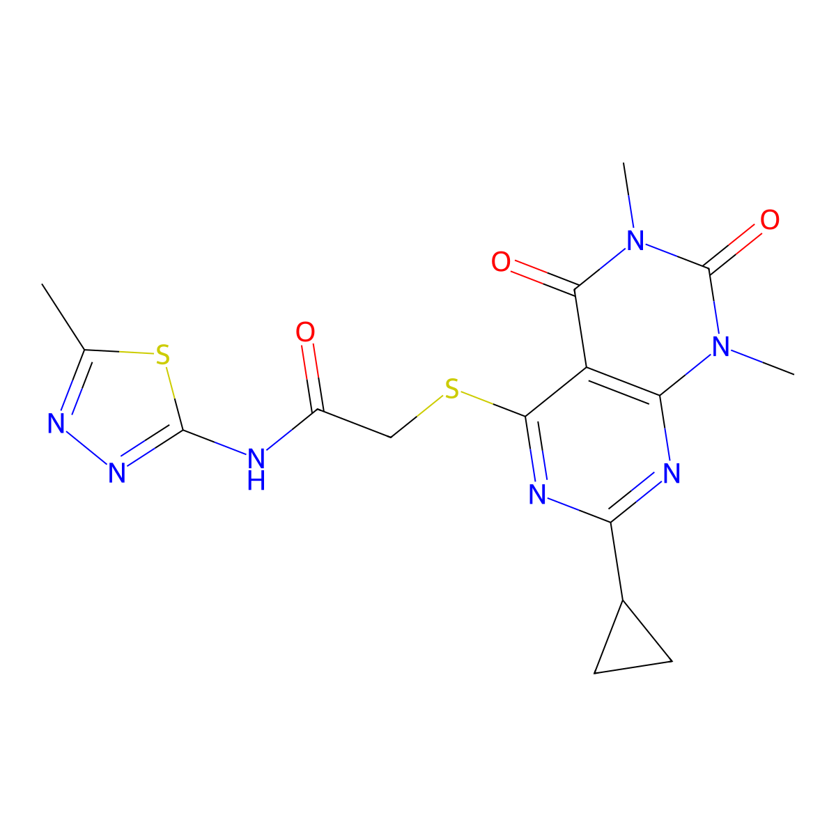 2-((2-cyclopropyl-6,8-dimethyl-5,7-dioxo-5,6,7,8-tetrahydropyrimido[4,5-d]pyrimidin-4-yl)thio)-N-(5-methyl-1,3,4-thiadiazol-2-yl)acetamide molecular structure, CAS 863003-16-1