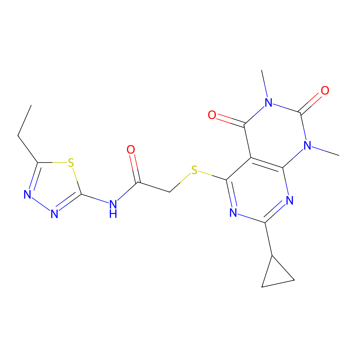 2-({2-cyclopropyl-6,8-dimethyl-5,7-dioxo-5H,6H,7H,8H-[1,3]diazino[4,5-d]pyrimidin-4-yl}sulfanyl)-N-(5-ethyl-1,3,4-thiadiazol-2-yl)acetamide molecular structure, CAS 863003-17-2