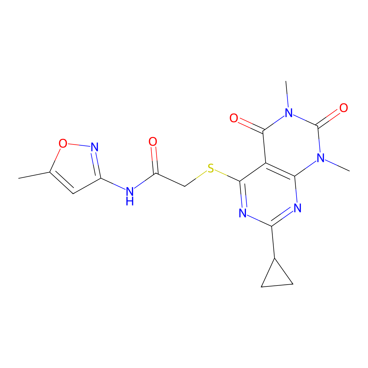 2-((2-cyclopropyl-6,8-dimethyl-5,7-dioxo-5,6,7,8-tetrahydropyrimido[4,5-d]pyrimidin-4-yl)thio)-N-(5-methylisoxazol-3-yl)acetamide molecular structure, CAS 863003-18-3