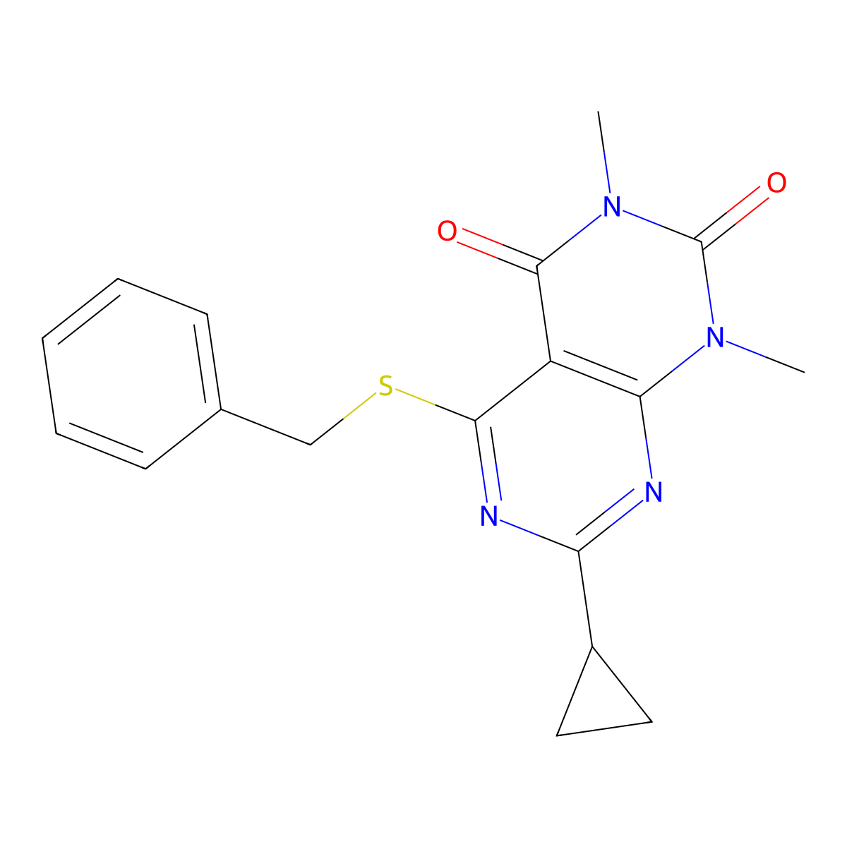 5-Benzylsulfanyl-7-cyclopropyl-1,3-dimethylpyrimido[4,5-d]pyrimidine-2,4-dione molecular structure, CAS 863003-19-4