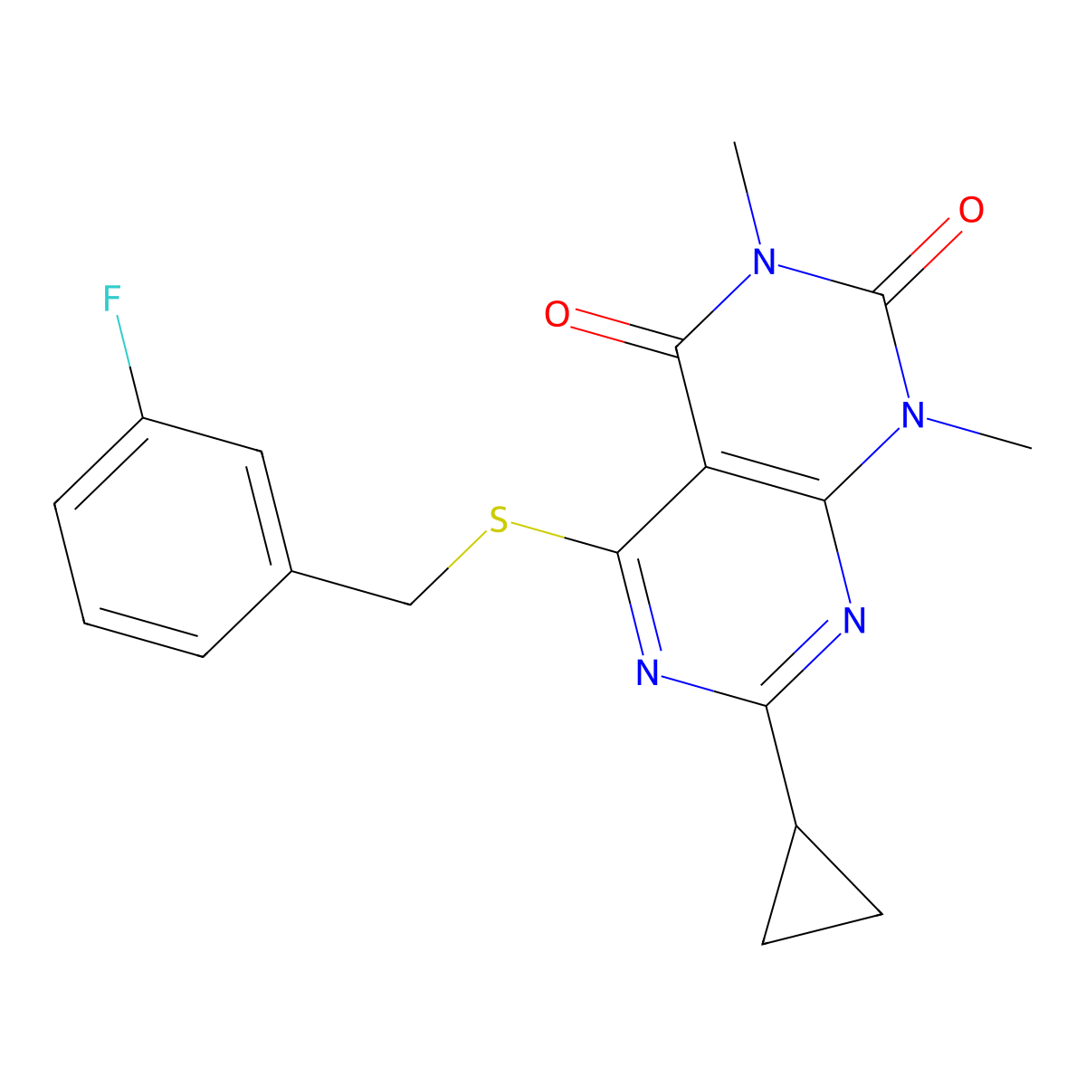 7-Cyclopropyl-5-[(3-fluorophenyl)methylsulfanyl]-1,3-dimethylpyrimido[4,5-d]pyrimidine-2,4-dione molecular structure, CAS 863003-20-7