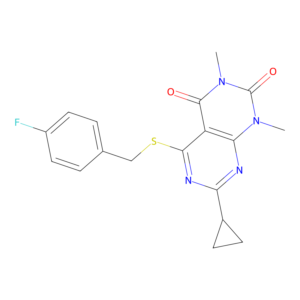 7-cyclopropyl-5-((4-fluorobenzyl)thio)-1,3-dimethylpyrimido[4,5-d]pyrimidine-2,4(1H,3H)-dione molecular structure, CAS 863003-21-8