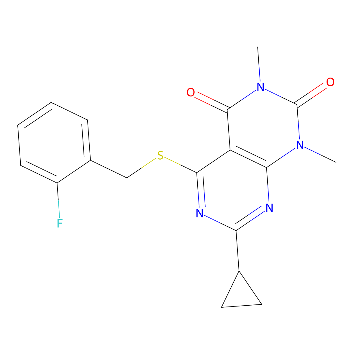 7-cyclopropyl-5-((2-fluorobenzyl)thio)-1,3-dimethylpyrimido[4,5-d]pyrimidine-2,4(1H,3H)-dione molecular structure, CAS 863003-22-9