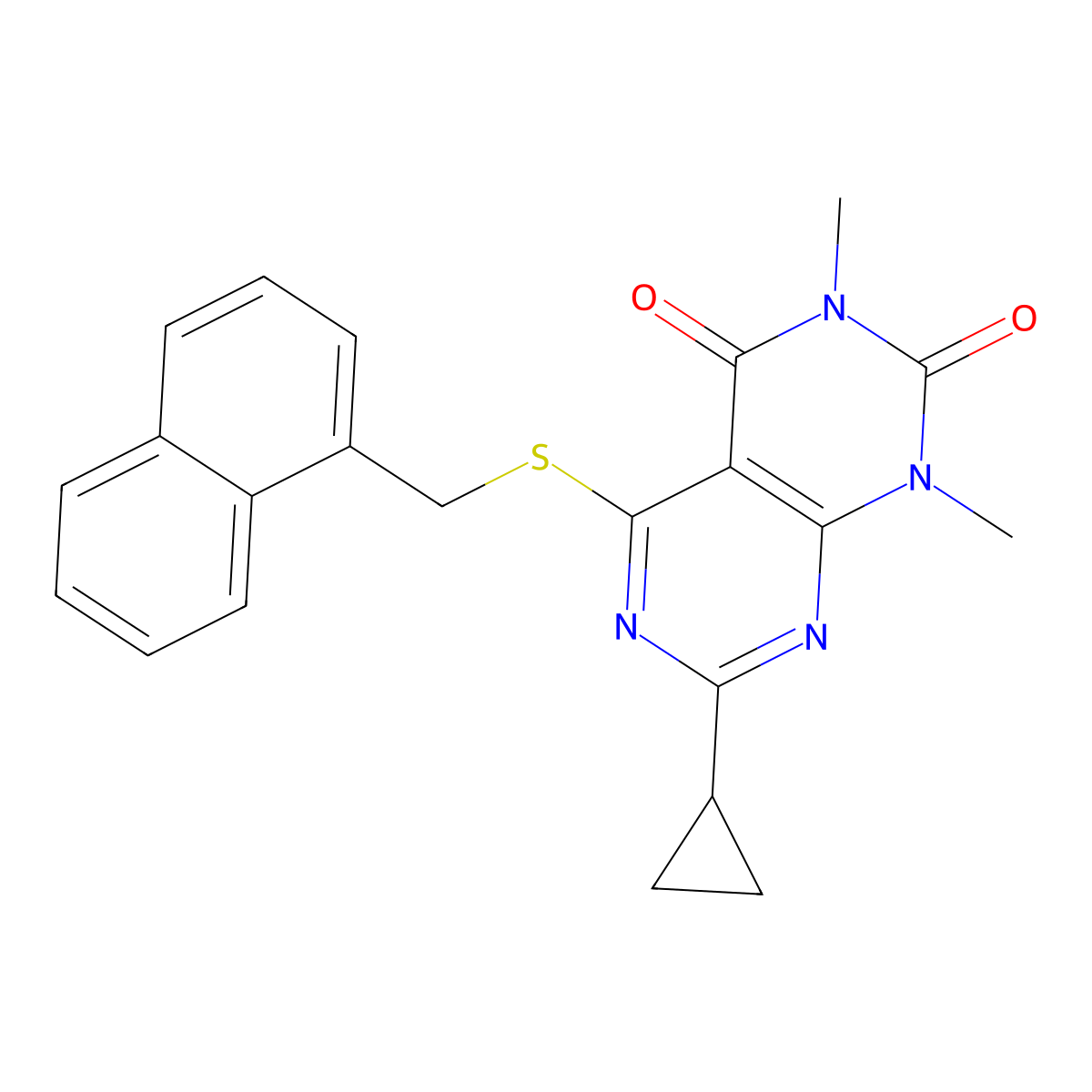 7-cyclopropyl-1,3-dimethyl-5-((naphthalen-1-ylmethyl)thio)pyrimido[4,5-d]pyrimidine-2,4(1H,3H)-dione molecular structure, CAS 863003-23-0