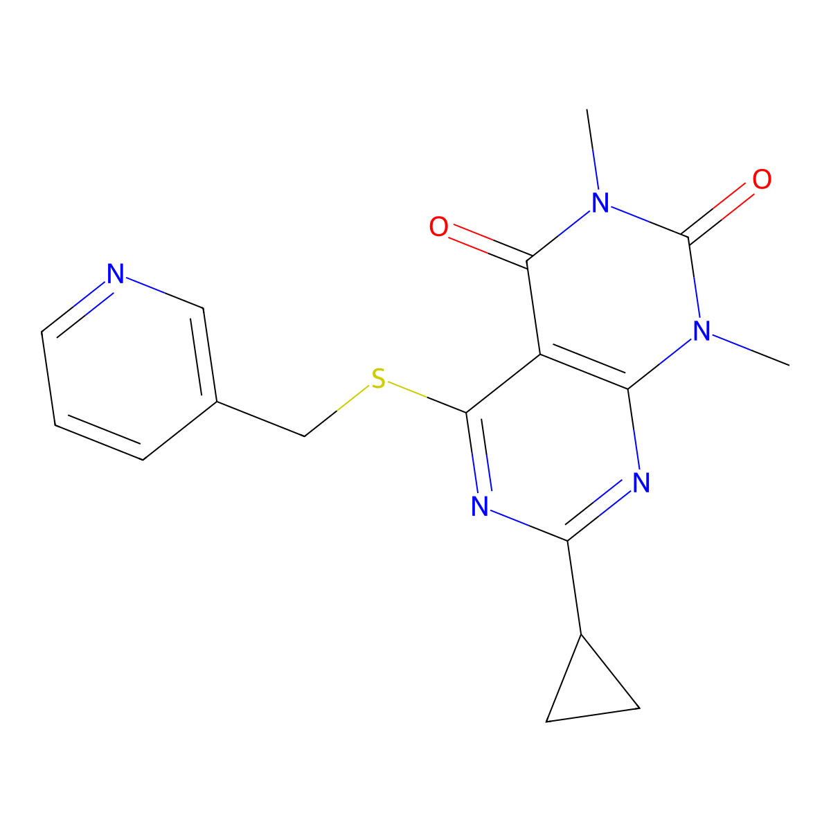 7-Cyclopropyl-1,3-dimethyl-5-(pyridin-3-ylmethylsulfanyl)pyrimido[4,5-d]pyrimidine-2,4-dione molecular structure, CAS 863003-24-1