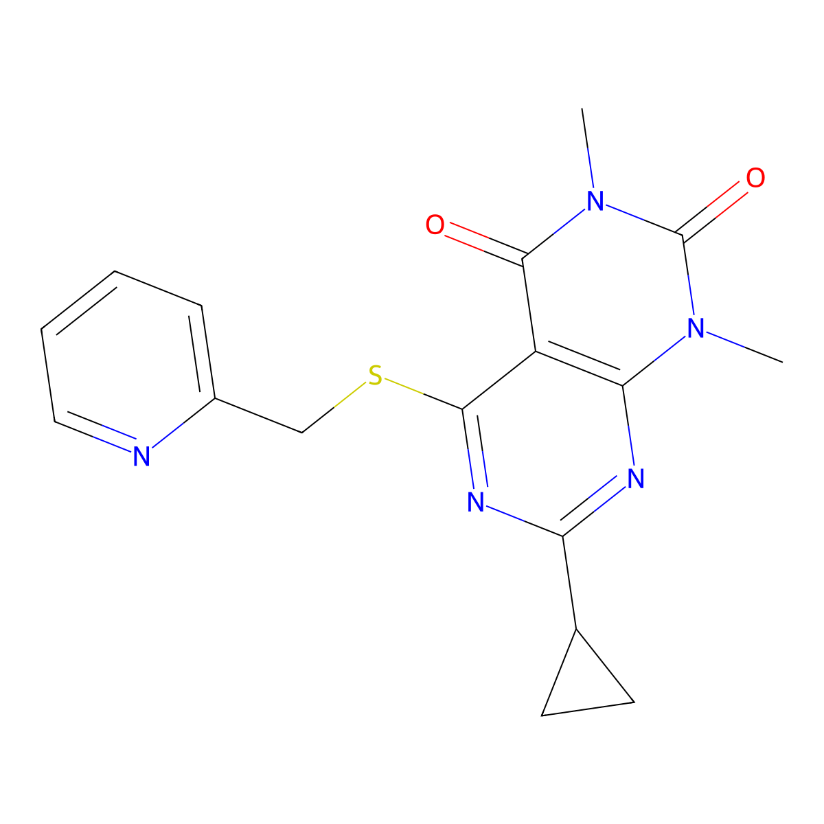 7-Cyclopropyl-1,3-dimethyl-5-(pyridin-2-ylmethylsulfanyl)pyrimido[4,5-d]pyrimidine-2,4-dione molecular structure, CAS 863003-25-2