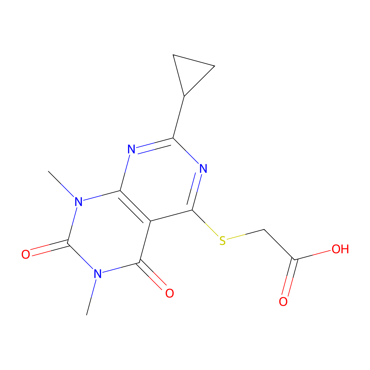 2-(7-Cyclopropyl-1,3-dimethyl-2,4-dioxopyrimido[4,5-d]pyrimidin-5-yl)sulfanylacetic acid molecular structure, CAS 863003-26-3