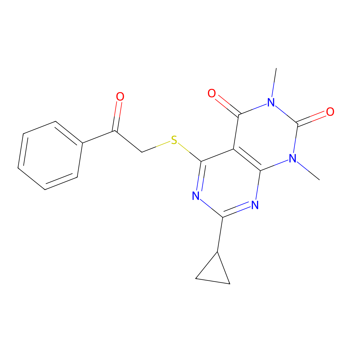 7-Cyclopropyl-1,3-dimethyl-5-phenacylsulfanylpyrimido[4,5-d]pyrimidine-2,4-dione molecular structure, CAS 863003-29-6
