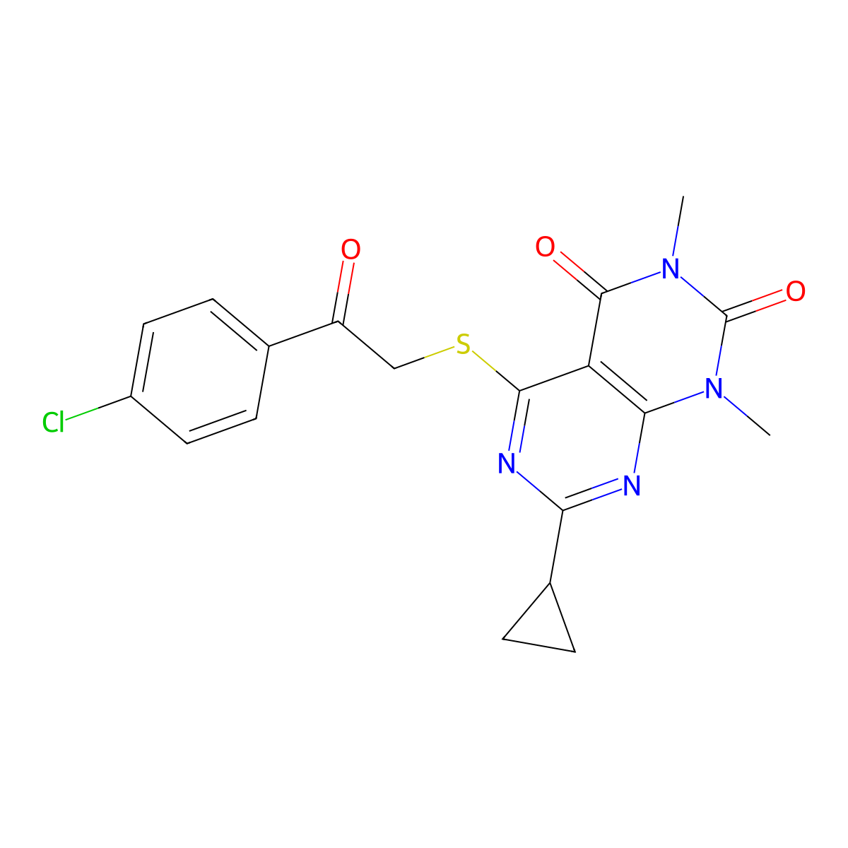 5-((2-(4-chlorophenyl)-2-oxoethyl)thio)-7-cyclopropyl-1,3-dimethylpyrimido[4,5-d]pyrimidine-2,4(1H,3H)-dione molecular structure, CAS 863003-30-9