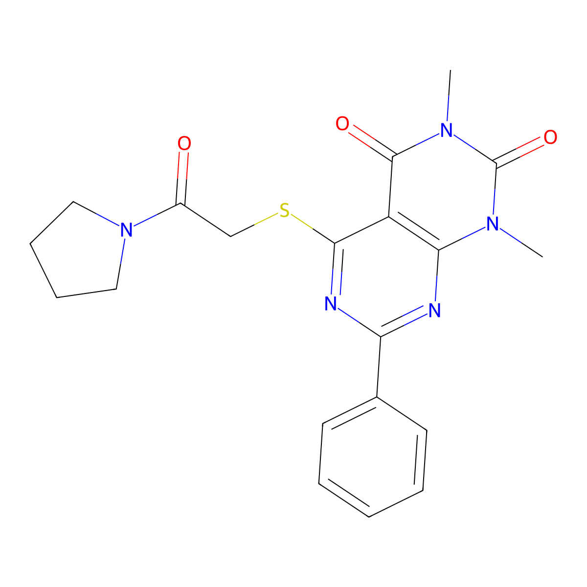 1,3-dimethyl-5-((2-oxo-2-(pyrrolidin-1-yl)ethyl)thio)-7-phenylpyrimido[4,5-d]pyrimidine-2,4(1H,3H)-dione molecular structure, CAS 863003-33-2