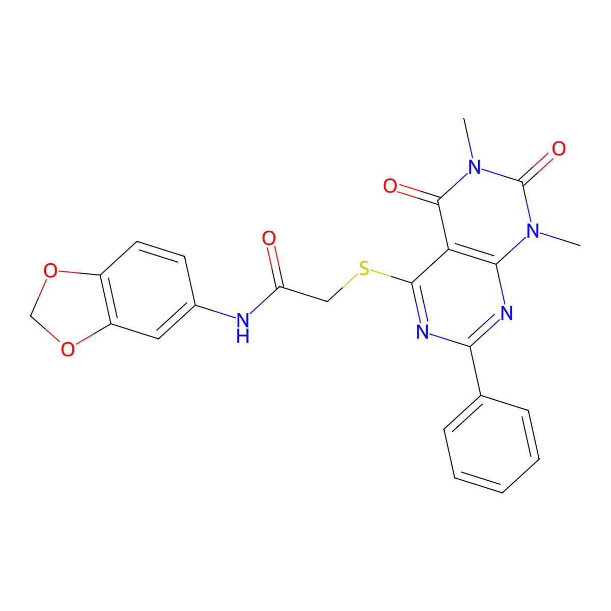 N-(benzo[d][1,3]dioxol-5-yl)-2-((6,8-dimethyl-5,7-dioxo-2-phenyl-5,6,7,8-tetrahydropyrimido[4,5-d]pyrimidin-4-yl)thio)acetamide molecular structure, CAS 863003-34-3