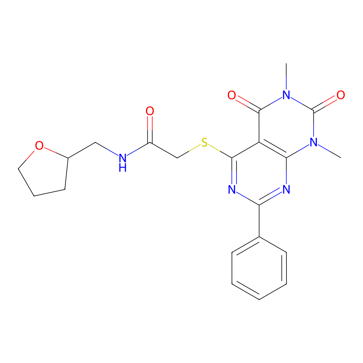 2-((6,8-dimethyl-5,7-dioxo-2-phenyl-5,6,7,8-tetrahydropyrimido[4,5-d]pyrimidin-4-yl)thio)-N-((tetrahydrofuran-2-yl)methyl)acetamide molecular structure, CAS 863003-39-8