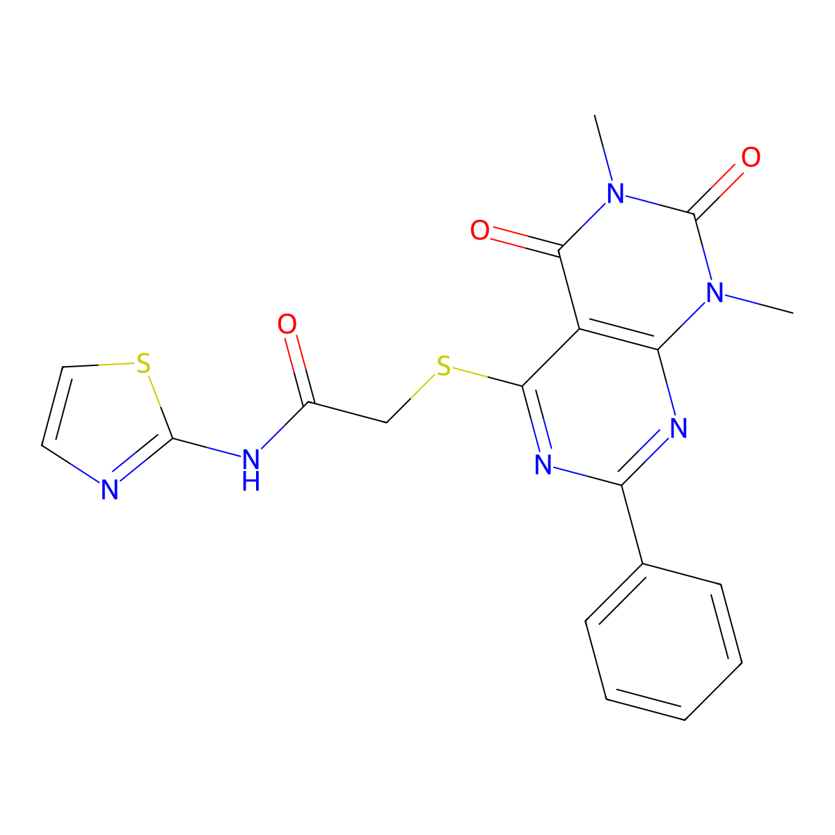 2-((6,8-dimethyl-5,7-dioxo-2-phenyl-5,6,7,8-tetrahydropyrimido[4,5-d]pyrimidin-4-yl)thio)-N-(thiazol-2-yl)acetamide molecular structure, CAS 863003-40-1