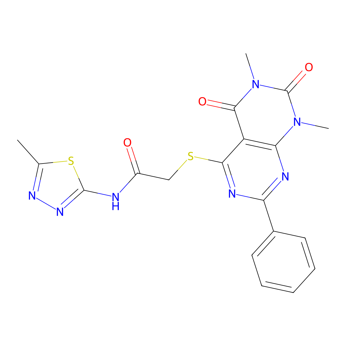 2-((6,8-dimethyl-5,7-dioxo-2-phenyl-5,6,7,8-tetrahydropyrimido[4,5-d]pyrimidin-4-yl)thio)-N-(5-methyl-1,3,4-thiadiazol-2-yl)acetamide molecular structure, CAS 863003-42-3