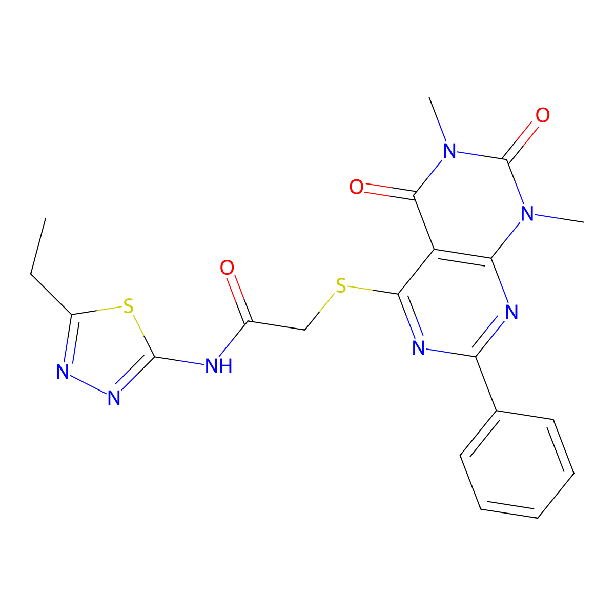 2-((6,8-dimethyl-5,7-dioxo-2-phenyl-5,6,7,8-tetrahydropyrimido[4,5-d]pyrimidin-4-yl)thio)-N-(5-ethyl-1,3,4-thiadiazol-2-yl)acetamide molecular structure, CAS 863003-43-4