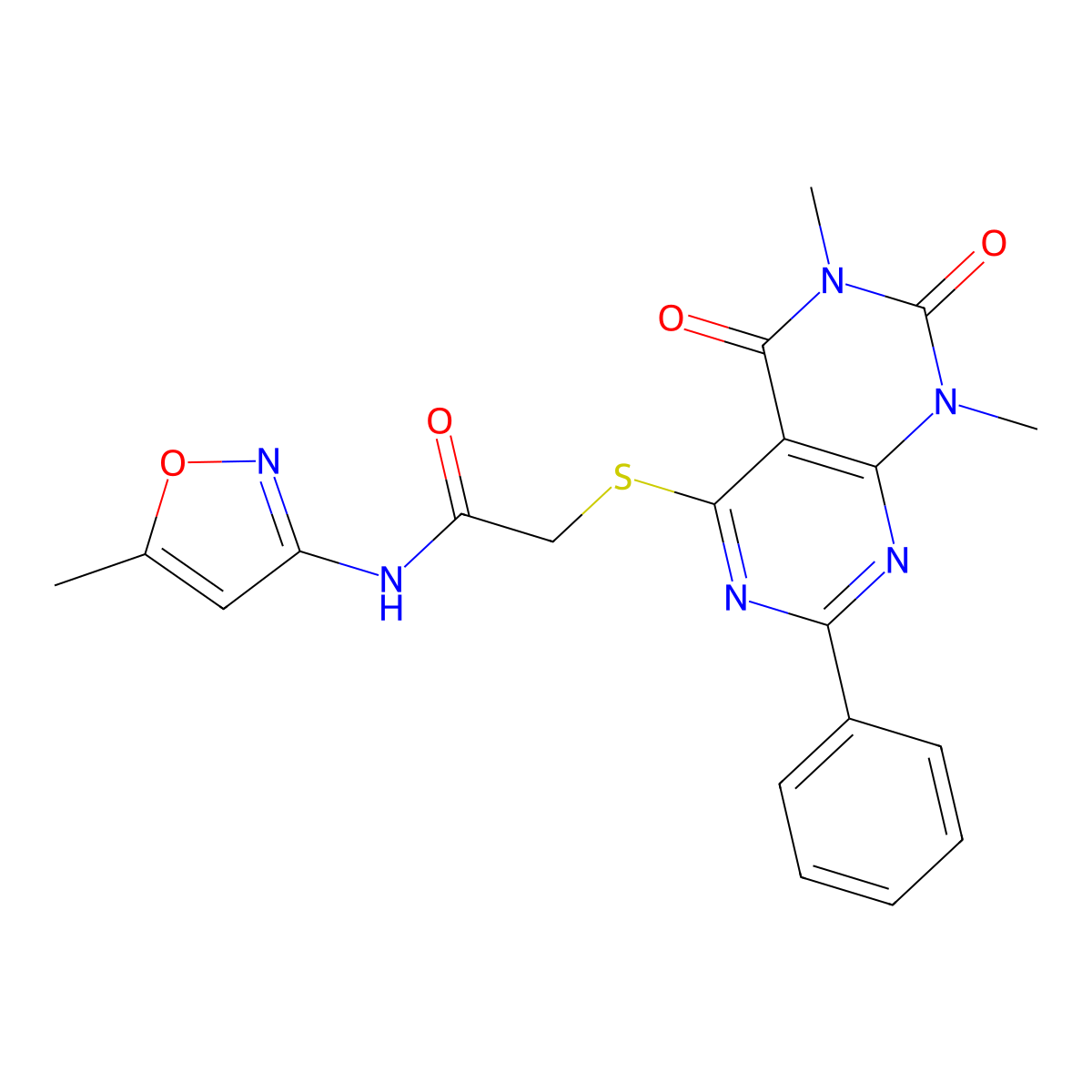 2-((6,8-dimethyl-5,7-dioxo-2-phenyl-5,6,7,8-tetrahydropyrimido[4,5-d]pyrimidin-4-yl)thio)-N-(5-methylisoxazol-3-yl)acetamide molecular structure, CAS 863003-44-5