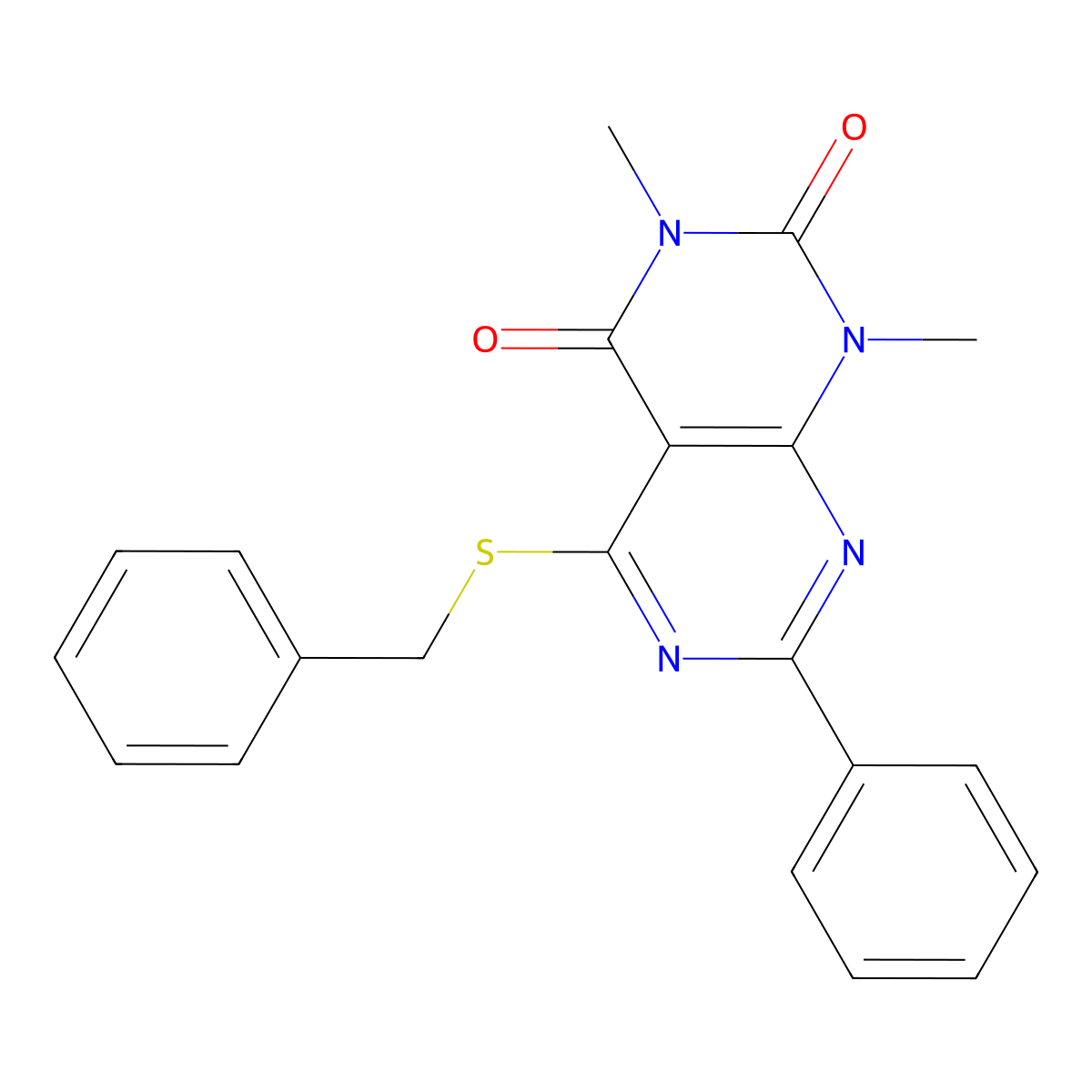 5-(benzylthio)-1,3-dimethyl-7-phenylpyrimido[4,5-d]pyrimidine-2,4(1H,3H)-dione molecular structure, CAS 863003-45-6