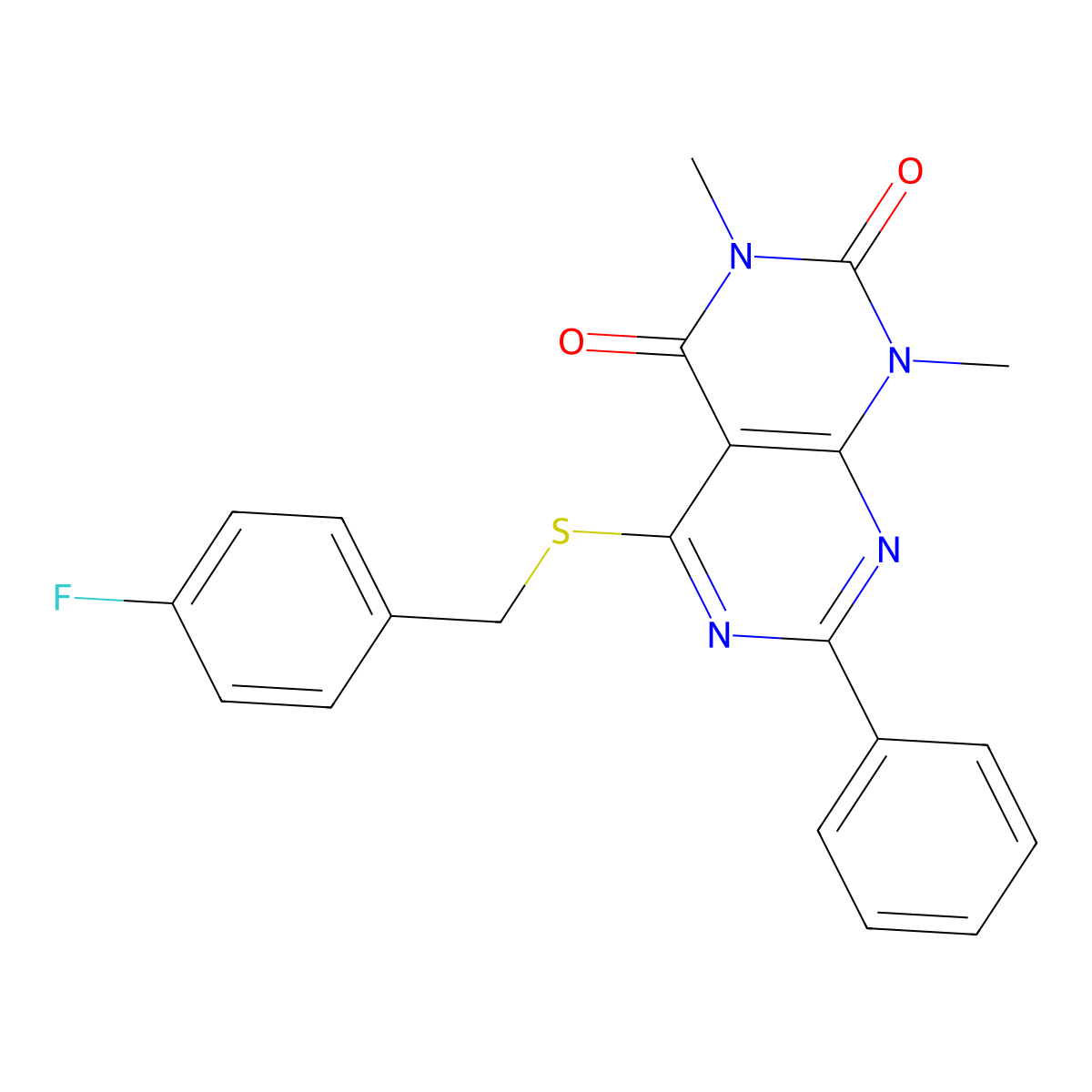 5-[(4-Fluorophenyl)methylsulfanyl]-1,3-dimethyl-7-phenylpyrimido[4,5-d]pyrimidine-2,4-dione molecular structure, CAS 863003-46-7