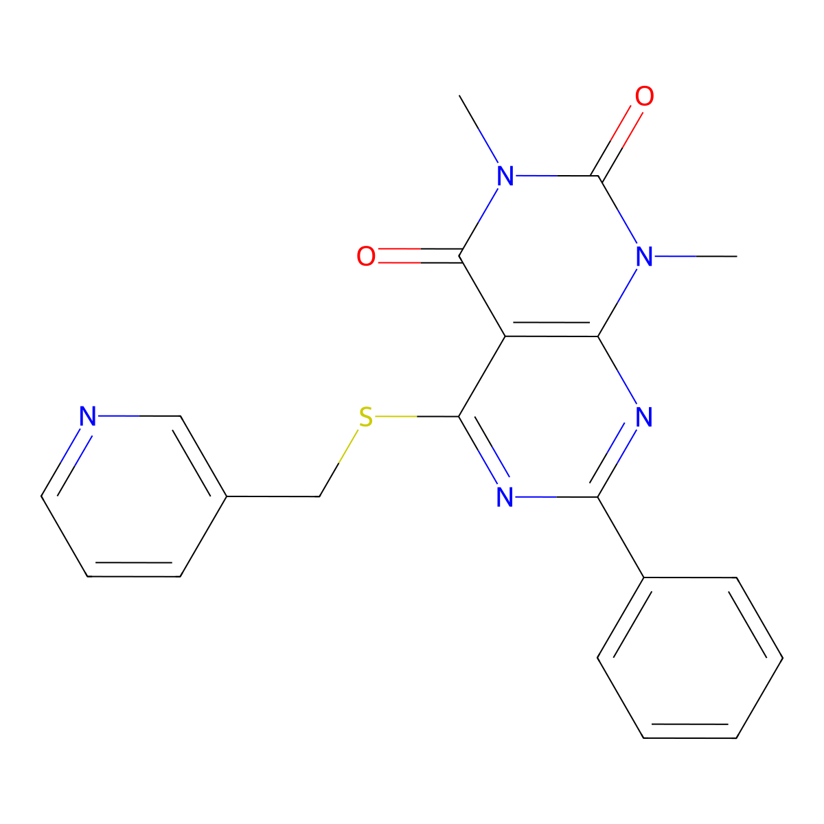 1,3-Dimethyl-7-phenyl-5-(pyridin-3-ylmethylsulfanyl)pyrimido[4,5-d]pyrimidine-2,4-dione molecular structure, CAS 863003-47-8