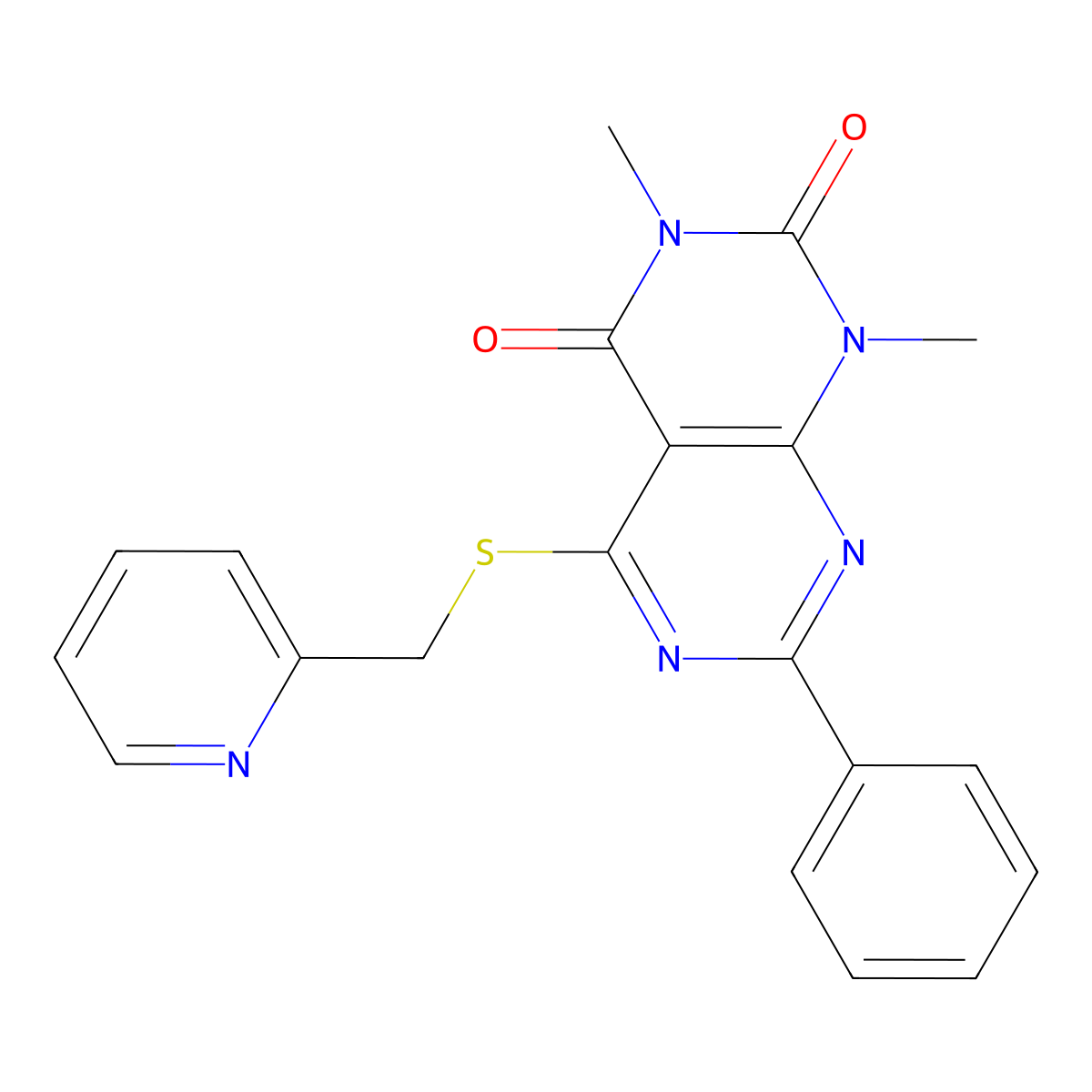 1,3-dimethyl-7-phenyl-5-((pyridin-2-ylmethyl)thio)pyrimido[4,5-d]pyrimidine-2,4(1H,3H)-dione molecular structure, CAS 863003-48-9