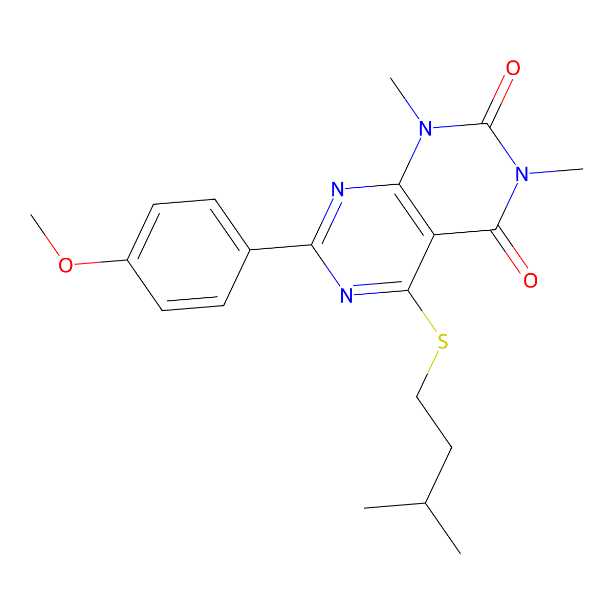 5-(isopentylthio)-7-(4-methoxyphenyl)-1,3-dimethylpyrimido[4,5-d]pyrimidine-2,4(1H,3H)-dione molecular structure, CAS 863003-50-3