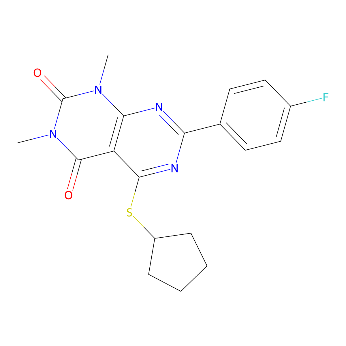 5-(cyclopentylthio)-7-(4-fluorophenyl)-1,3-dimethylpyrimido[4,5-d]pyrimidine-2,4(1H,3H)-dione molecular structure, CAS 863003-51-4