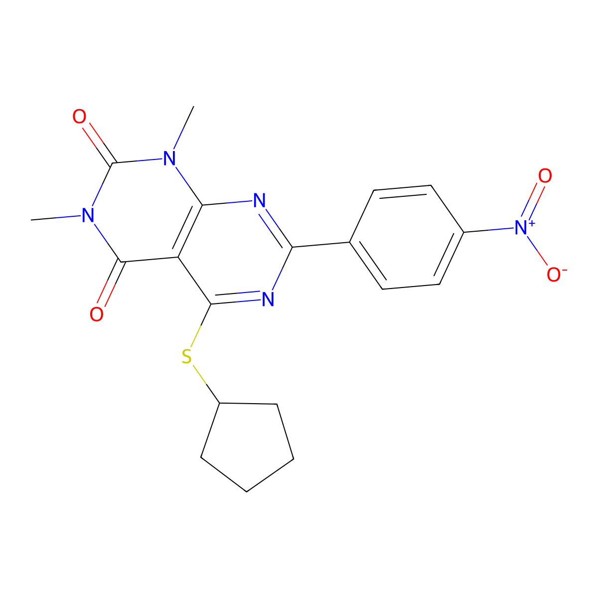 5-Cyclopentylsulfanyl-1,3-dimethyl-7-(4-nitrophenyl)pyrimido[4,5-d]pyrimidine-2,4-dione molecular structure, CAS 863003-52-5