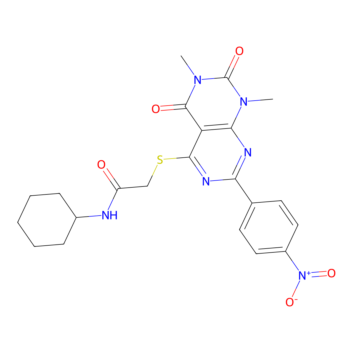 N-cyclohexyl-2-((6,8-dimethyl-2-(4-nitrophenyl)-5,7-dioxo-5,6,7,8-tetrahydropyrimido[4,5-d]pyrimidin-4-yl)thio)acetamide molecular structure, CAS 863003-53-6