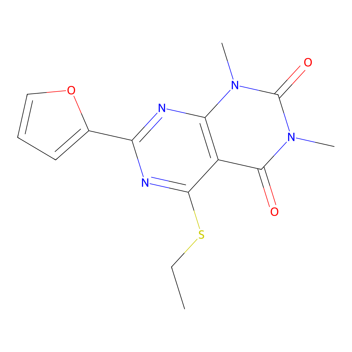 5-Ethylsulfanyl-7-(furan-2-yl)-1,3-dimethylpyrimido[4,5-d]pyrimidine-2,4-dione molecular structure, CAS 863003-54-7