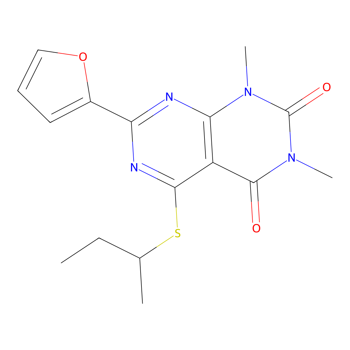 5-(sec-butylthio)-7-(furan-2-yl)-1,3-dimethylpyrimido[4,5-d]pyrimidine-2,4(1H,3H)-dione molecular structure, CAS 863003-56-9