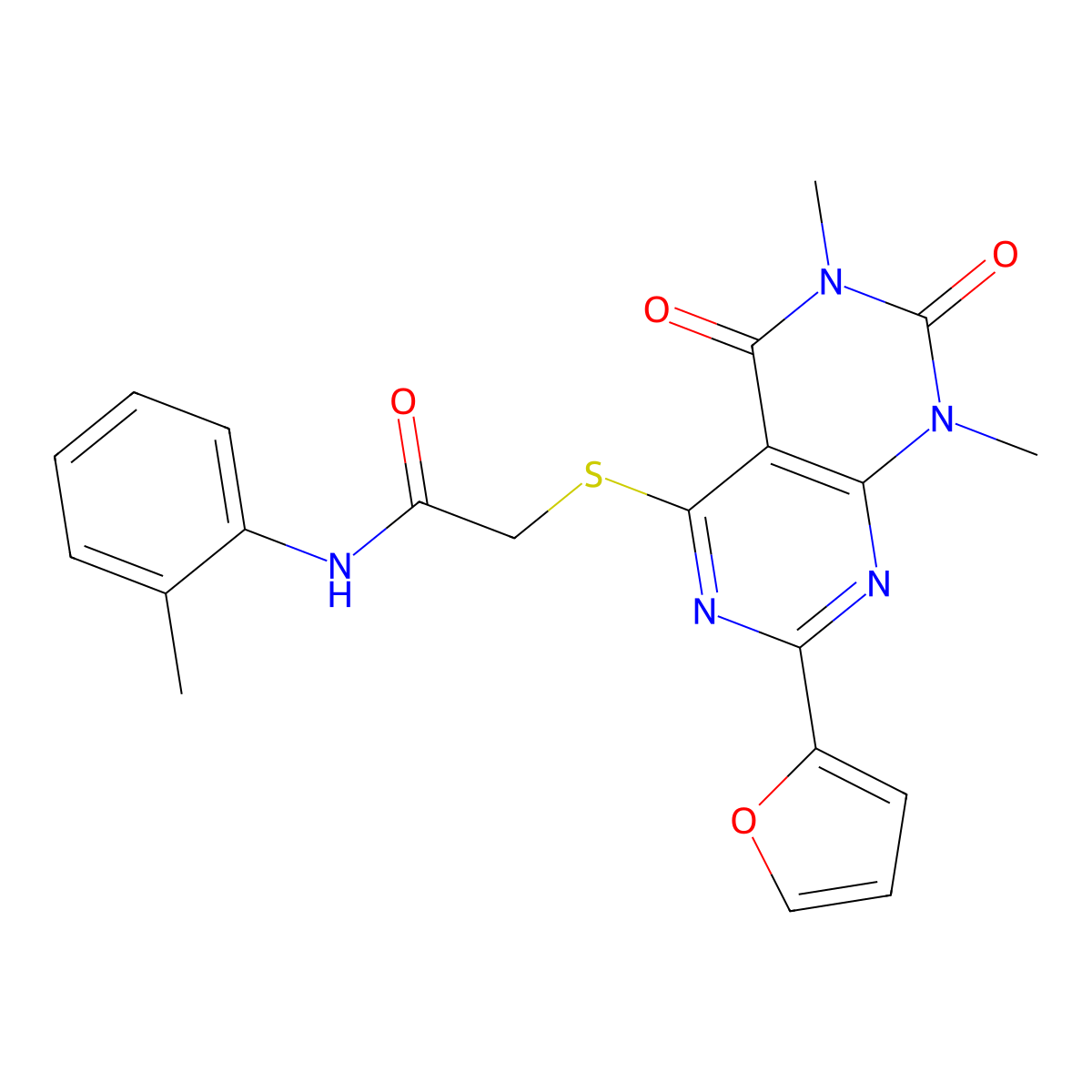 2-{[2-(furan-2-yl)-6,8-dimethyl-5,7-dioxo-5H,6H,7H,8H-[1,3]diazino[4,5-d]pyrimidin-4-yl]sulfanyl}-N-(2-methylphenyl)acetamide molecular structure, CAS 863003-58-1