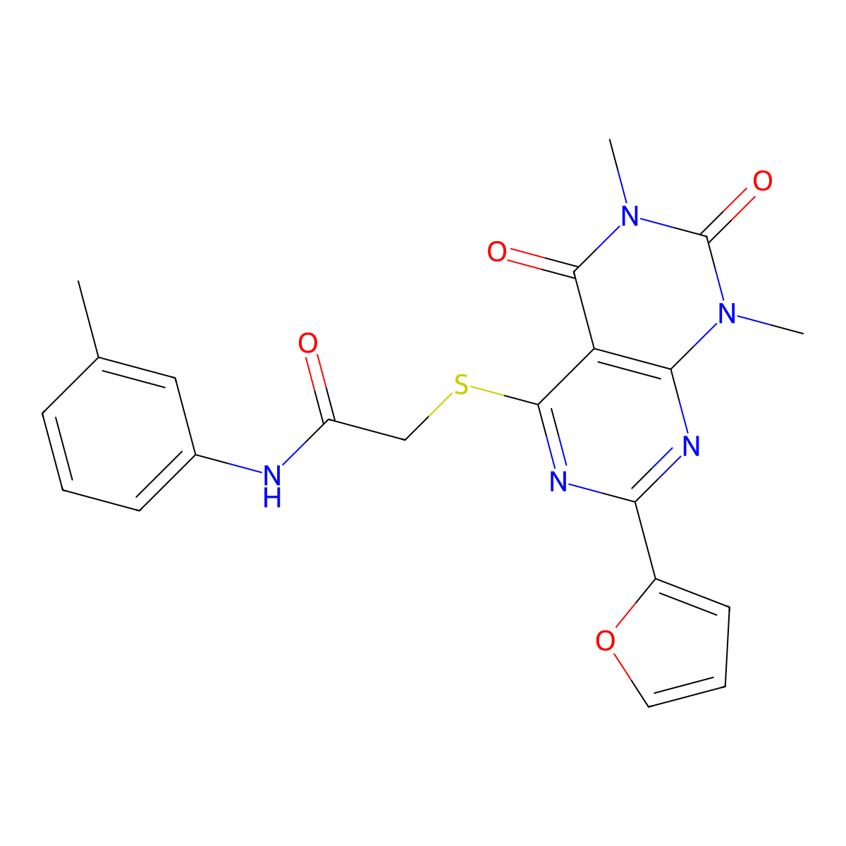 2-((2-(furan-2-yl)-6,8-dimethyl-5,7-dioxo-5,6,7,8-tetrahydropyrimido[4,5-d]pyrimidin-4-yl)thio)-N-(m-tolyl)acetamide molecular structure, CAS 863003-59-2