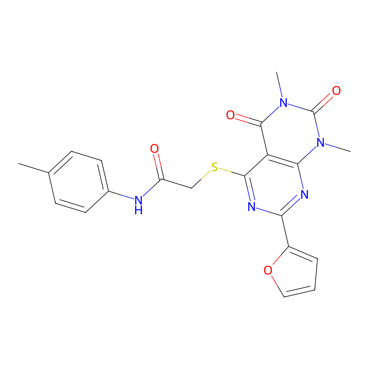 2-((2-(furan-2-yl)-6,8-dimethyl-5,7-dioxo-5,6,7,8-tetrahydropyrimido[4,5-d]pyrimidin-4-yl)thio)-N-(p-tolyl)acetamide molecular structure, CAS 863003-60-5