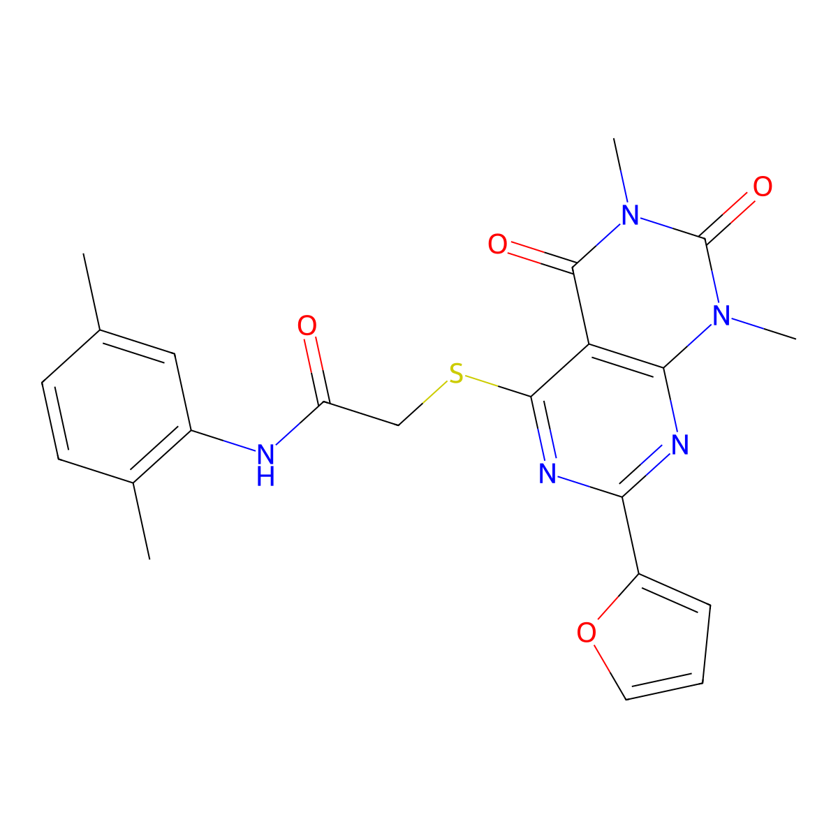 N-(2,5-dimethylphenyl)-2-((2-(furan-2-yl)-6,8-dimethyl-5,7-dioxo-5,6,7,8-tetrahydropyrimido[4,5-d]pyrimidin-4-yl)thio)acetamide molecular structure, CAS 863003-62-7
