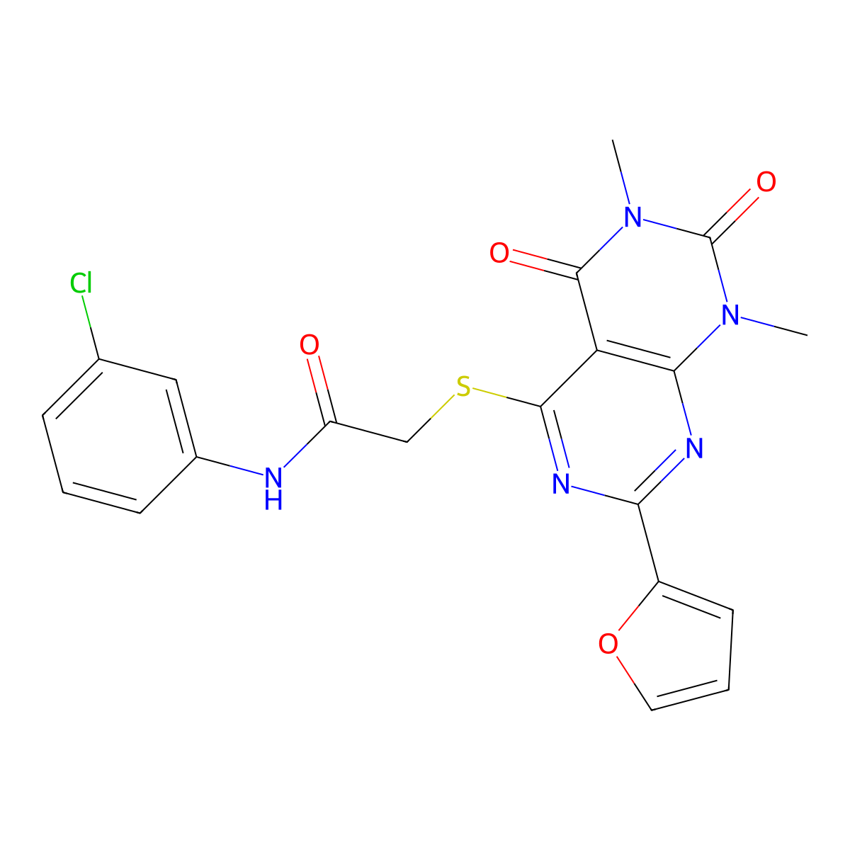 N-(3-chlorophenyl)-2-((2-(furan-2-yl)-6,8-dimethyl-5,7-dioxo-5,6,7,8-tetrahydropyrimido[4,5-d]pyrimidin-4-yl)thio)acetamide molecular structure, CAS 863003-65-0