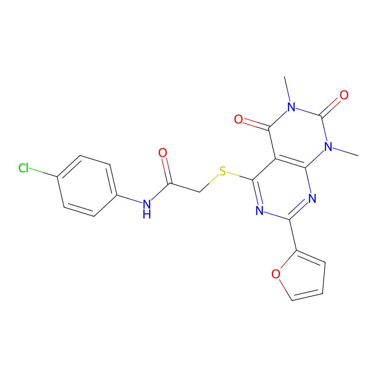 N-(4-chlorophenyl)-2-((2-(furan-2-yl)-6,8-dimethyl-5,7-dioxo-5,6,7,8-tetrahydropyrimido[4,5-d]pyrimidin-4-yl)thio)acetamide molecular structure, CAS 863003-66-1