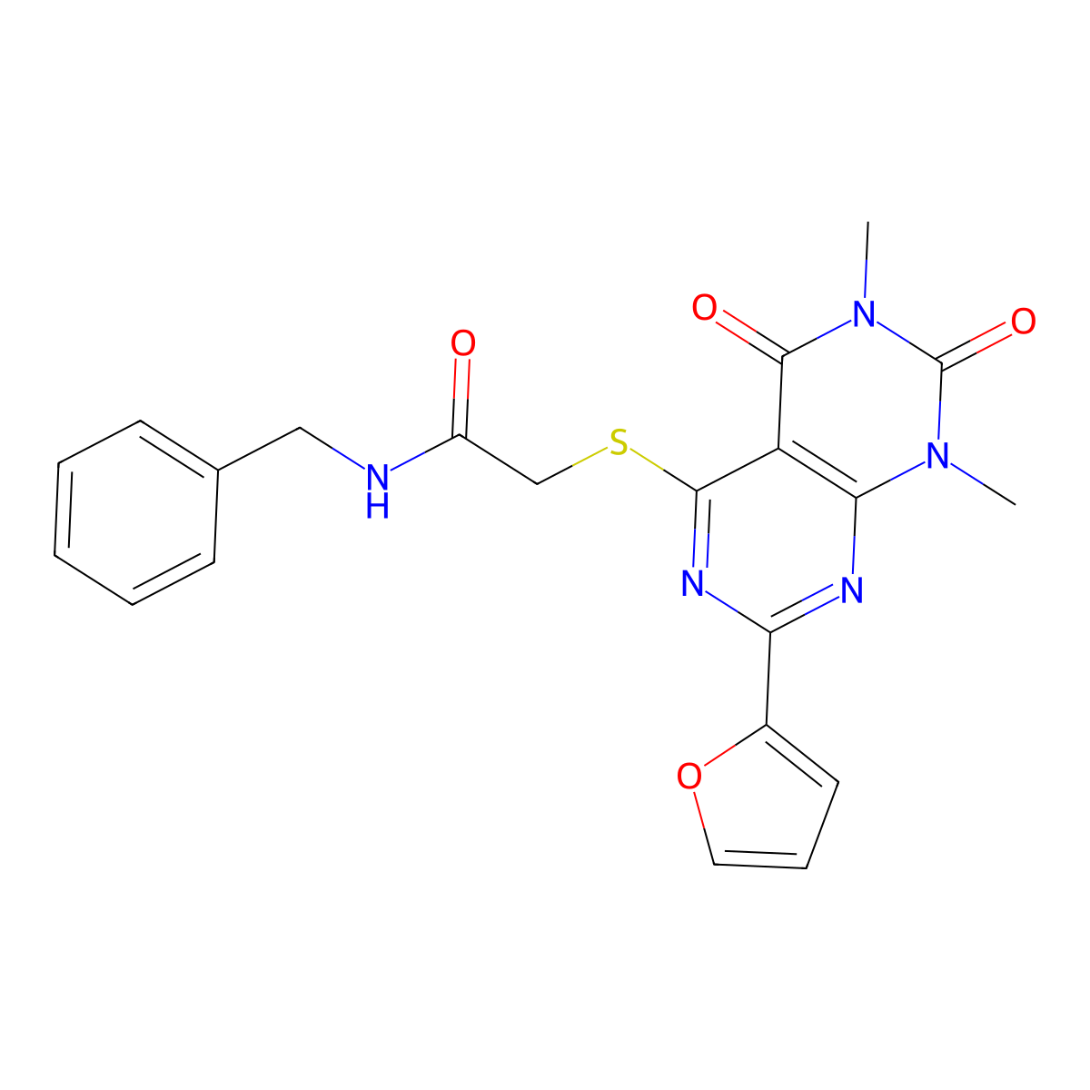 N-benzyl-2-{[2-(furan-2-yl)-6,8-dimethyl-5,7-dioxo-5H,6H,7H,8H-[1,3]diazino[4,5-d]pyrimidin-4-yl]sulfanyl}acetamide molecular structure, CAS 863003-67-2