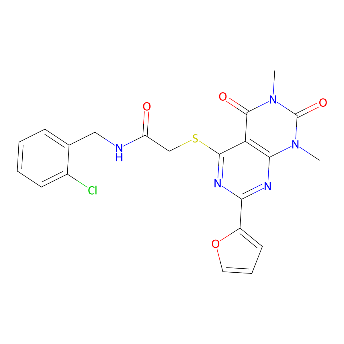 N-[(2-chlorophenyl)methyl]-2-{[2-(furan-2-yl)-6,8-dimethyl-5,7-dioxo-5H,6H,7H,8H-[1,3]diazino[4,5-d]pyrimidin-4-yl]sulfanyl}acetamide molecular structure, CAS 863003-68-3