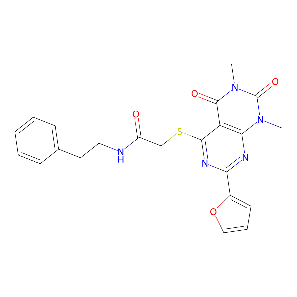 2-{[2-(furan-2-yl)-6,8-dimethyl-5,7-dioxo-5H,6H,7H,8H-[1,3]diazino[4,5-d]pyrimidin-4-yl]sulfanyl}-N-(2-phenylethyl)acetamide molecular structure, CAS 863003-69-4