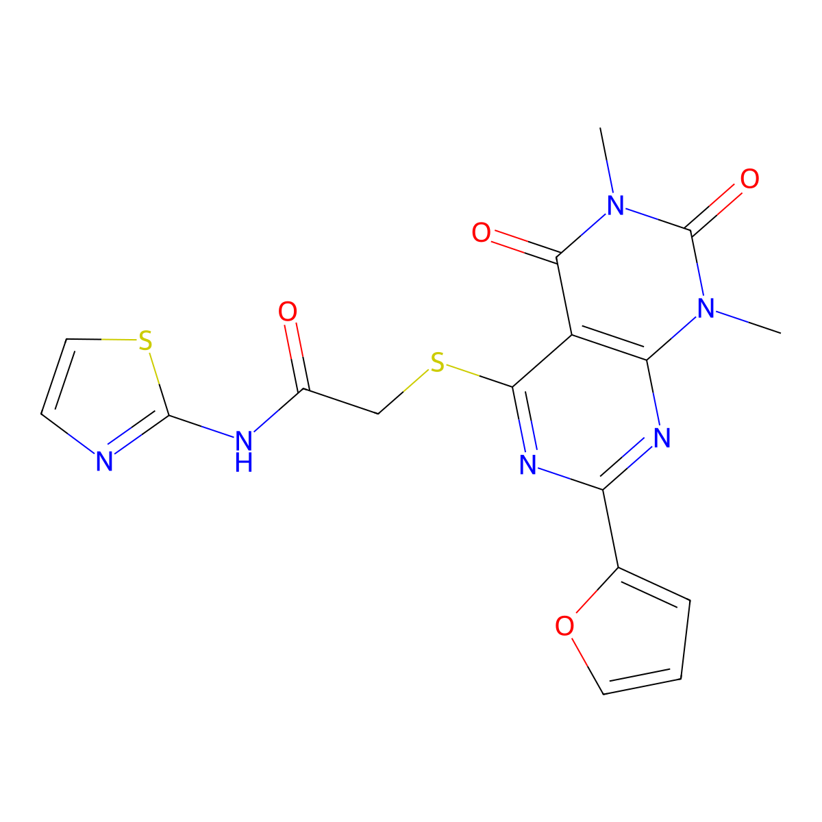 2-((2-(furan-2-yl)-6,8-dimethyl-5,7-dioxo-5,6,7,8-tetrahydropyrimido[4,5-d]pyrimidin-4-yl)thio)-N-(thiazol-2-yl)acetamide molecular structure, CAS 863003-70-7