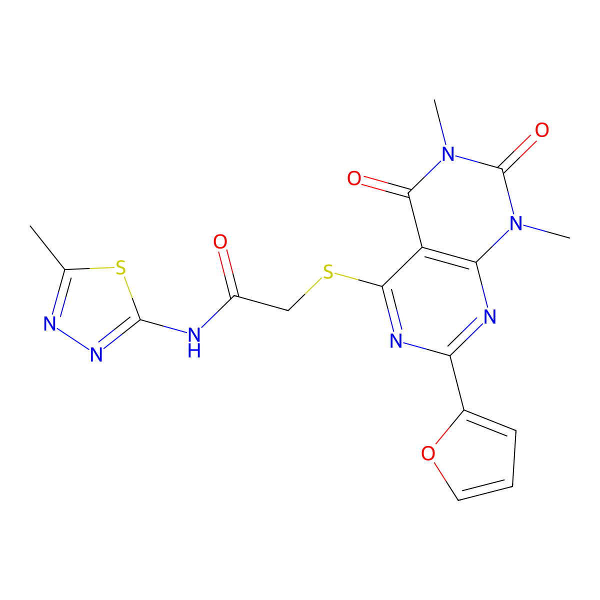 2-((2-(furan-2-yl)-6,8-dimethyl-5,7-dioxo-5,6,7,8-tetrahydropyrimido[4,5-d]pyrimidin-4-yl)thio)-N-(5-methyl-1,3,4-thiadiazol-2-yl)acetamide molecular structure, CAS 863003-72-9