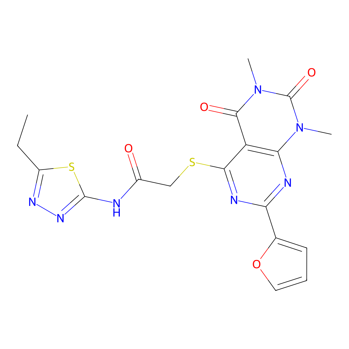 N-(5-ethyl-1,3,4-thiadiazol-2-yl)-2-((2-(furan-2-yl)-6,8-dimethyl-5,7-dioxo-5,6,7,8-tetrahydropyrimido[4,5-d]pyrimidin-4-yl)thio)acetamide molecular structure, CAS 863003-73-0