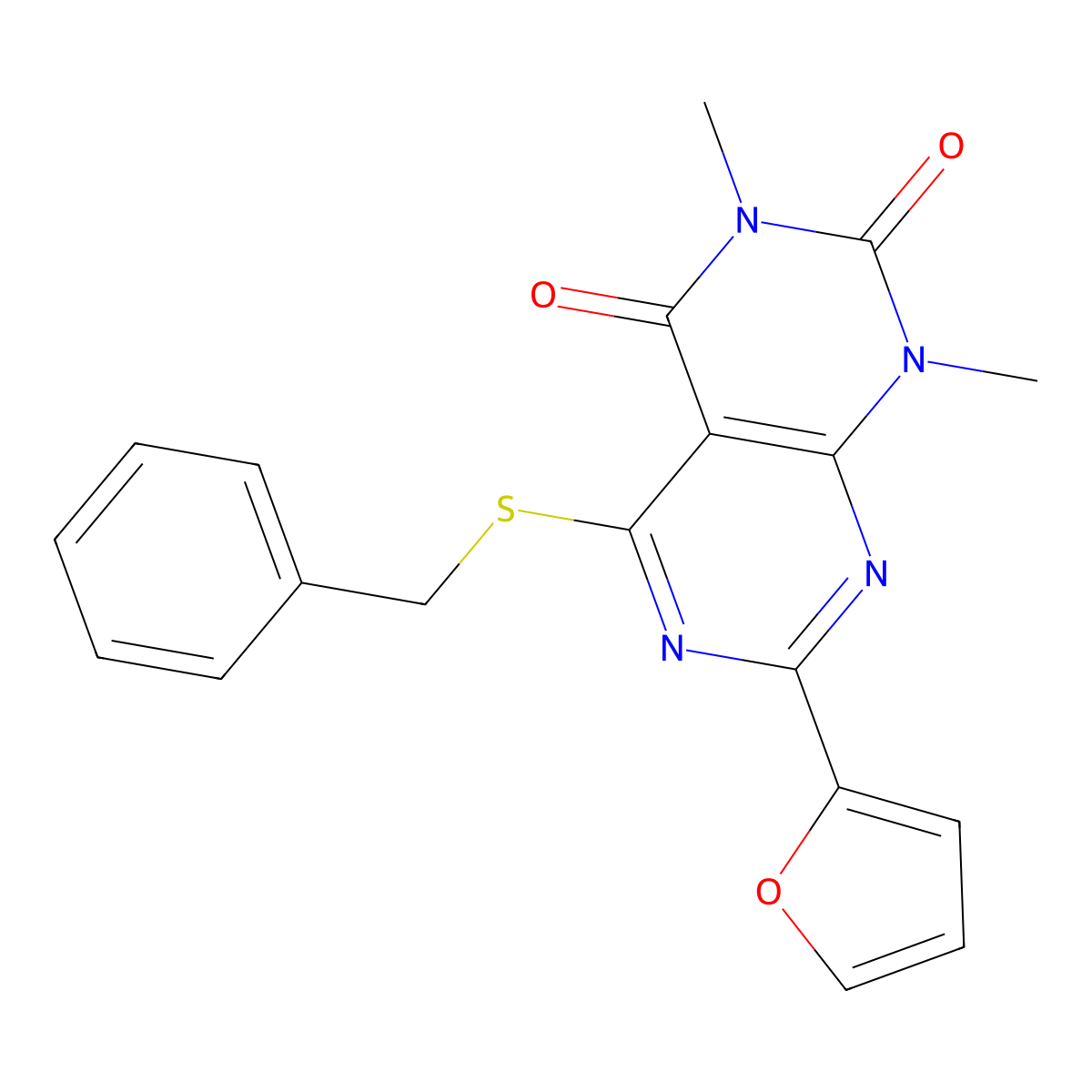 5-Benzylsulfanyl-7-(furan-2-yl)-1,3-dimethylpyrimido[4,5-d]pyrimidine-2,4-dione molecular structure, CAS 863003-74-1