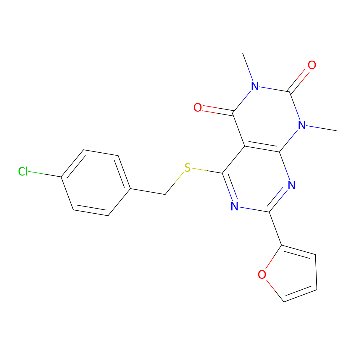 5-[(4-Chlorophenyl)methylsulfanyl]-7-(furan-2-yl)-1,3-dimethylpyrimido[4,5-d]pyrimidine-2,4-dione molecular structure, CAS 863003-75-2