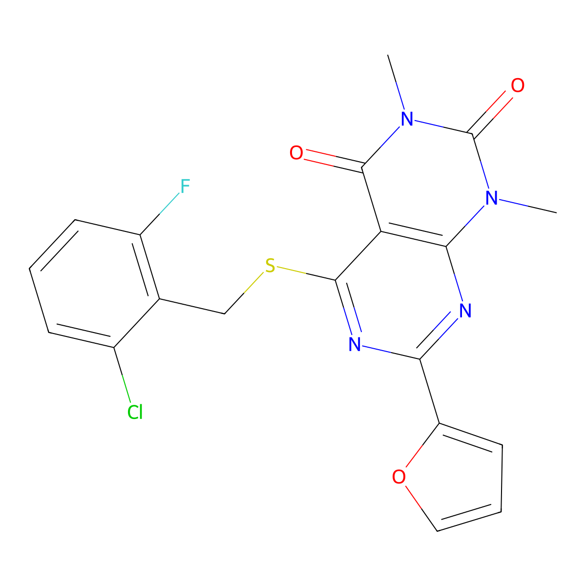 5-((2-chloro-6-fluorobenzyl)thio)-7-(furan-2-yl)-1,3-dimethylpyrimido[4,5-d]pyrimidine-2,4(1H,3H)-dione molecular structure, CAS 863003-76-3